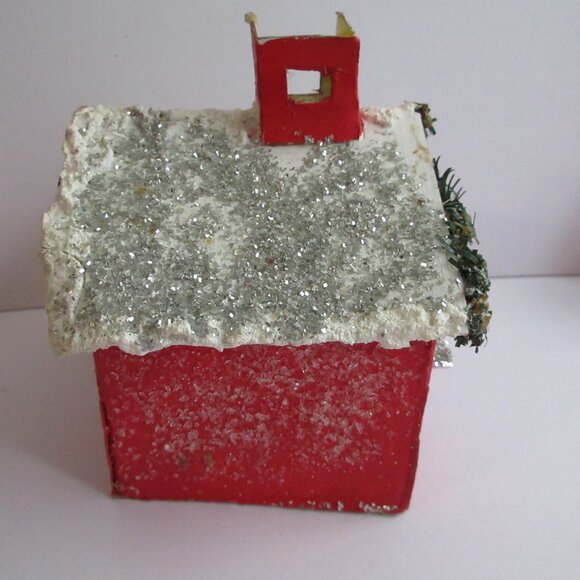 Handmade Putz Glitter Red House Retro Style Cardboard House Wreath Trim - Picture 6 of 11